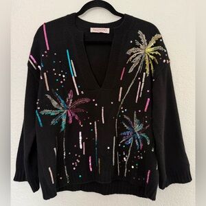 Valentino Black Cashmere V-Neck Sweater with Colorful Sequin Firework Design